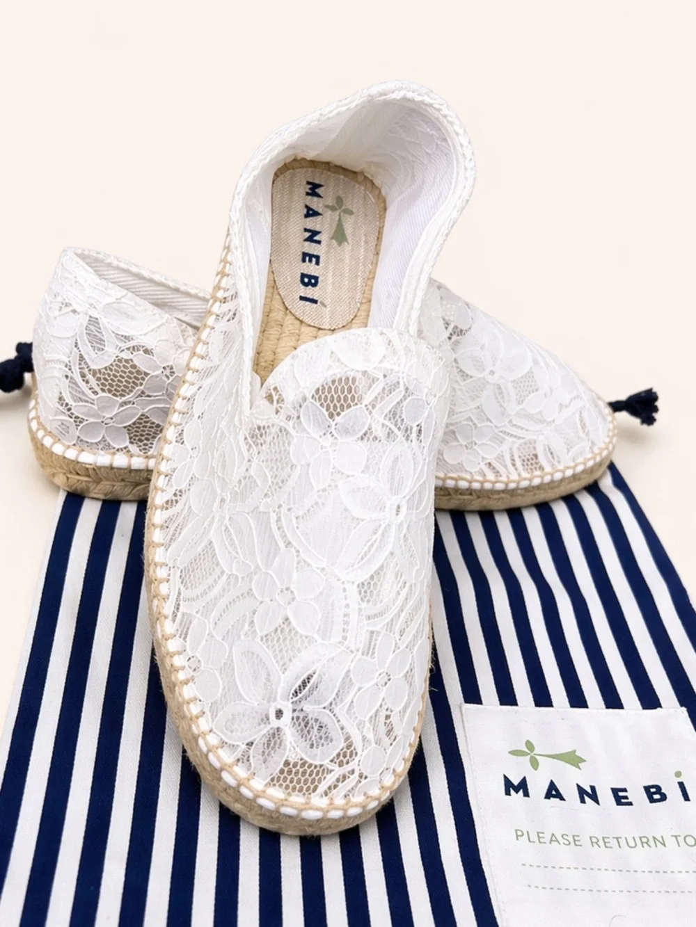 Manebi White Lace Espadrilles Slip On Flats Size 41 Boho Summer US 10